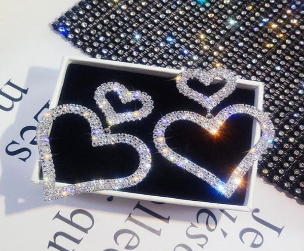 

european and american fashion exaggerated hoop super bright crystal double heart long earrings temperament wild woman jewelry3506951, Golden;silver