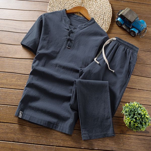 

men s tracksuits summer men s casual chinese solid color shirt 2023 trend cotton and hemp suit short sleeve 230711, Gray