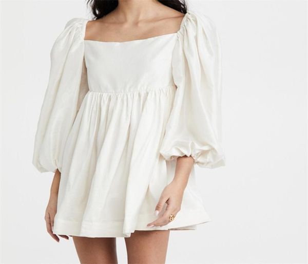 

muiches square collar sweet mini dress woman puff lantern sleeve high waist loose cotton dress fashionable 2107156669310, Black;gray
