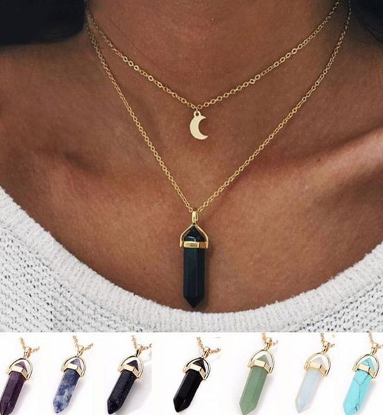 

natural stone moon pendant layered necklace crystal quartz bullet hexagonal prism point healing charm gold chains for women fashio7790082, Silver