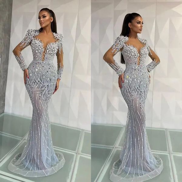 

gorgeous mermaid prom dresses long sleeves illusion shining sequins beads pleats court gown backless custom made plus size party dress vesti, Black
