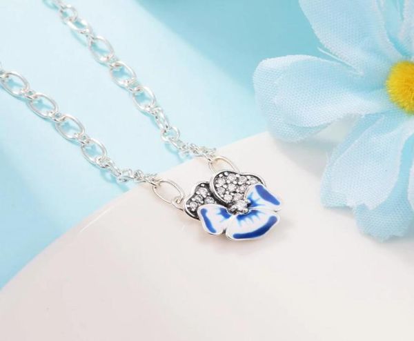 

925 sterling silver blue pansy flower pendant necklace chain for women men fit style necklaces gift jewelry 390770c01-504498545