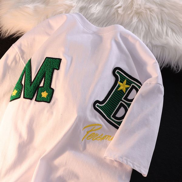 

women's tshirt summer cotton american retro flocking short sleeved men and women ins wind niche design loose y2k couple t shirt 230711, White