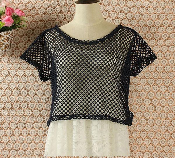 

mesh women girl summer hollow out crop short sleeve t shirt dancewear lady harajuku black white crochet lace shirts9042505