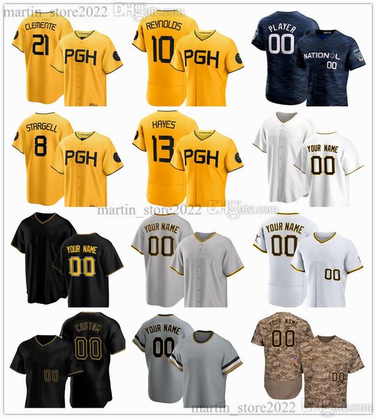 

gold 2023 city connect baseball jerseys 13 ke'bryan hayes 10 bryan reynolds andrew 22 mccutchen 21 roberto clemente 8 willie stargell 2, Blue;black