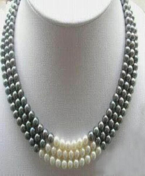 

3rows 78mm black white natural pearl necklace 1719quot0123095383, Silver