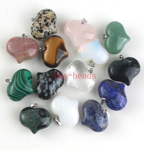 

charm natural mixed different gemstone pendants high polished loose beads heart shape silver plated hook stone pendant fit necklac8539664