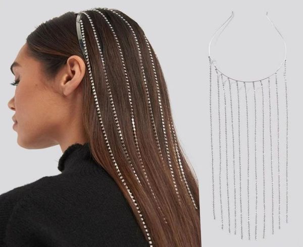 

full rhinestone long tassel crystal headband headpiece for women bijoux hair hoop head chain accessories wedding hairband party je5461539, Silver