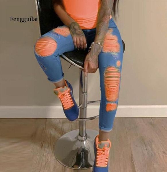 

orange print ripped jeans for women denim pencil pants high waist skinny boyfriend jeans torn jeggings large size mom 20204587415, Blue