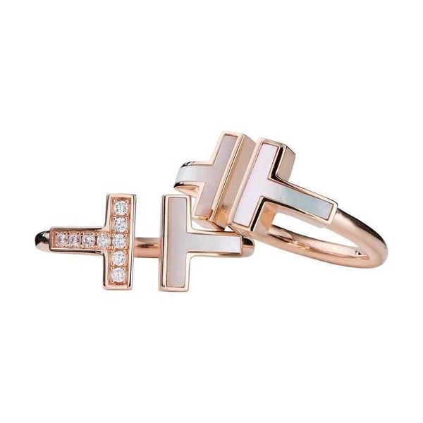 

original new tiffay double ring 925 sterling silver plated 18k gold opening white fritillaria half diamond t-shaped inlaid hand jewelry tixn