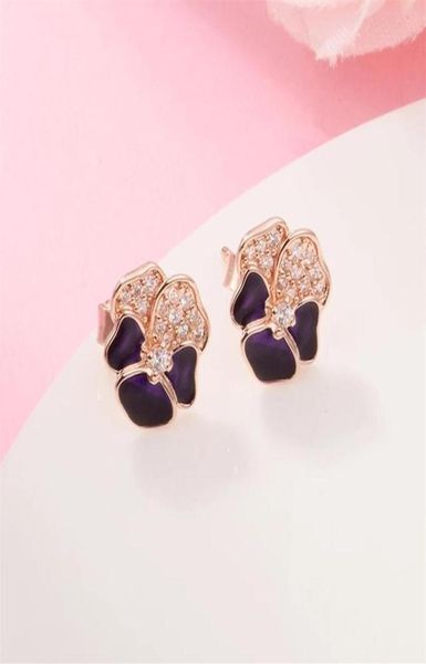 

authentic 925 sterling silver deep purple pansy flower stud earrings luxury for women 2022 new spring girls fit fashion jewelry brincos 2807, Golden;silver