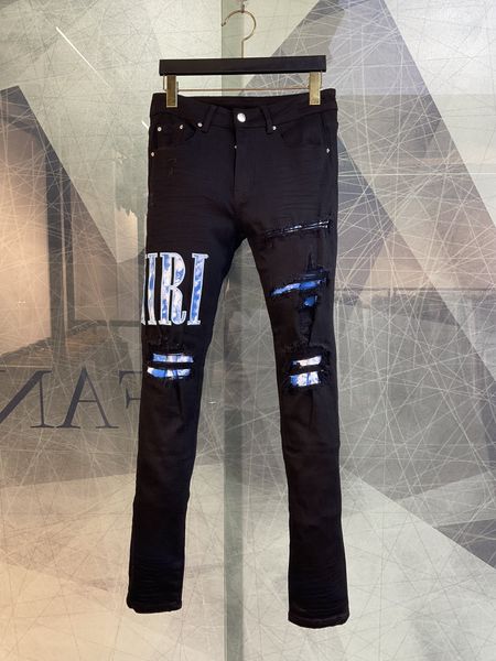 

mens jeans designer denim jeans blue alphabet embroidery destroy holes jean skinny pants man motorcycle riding slim denim pants hip hop stre