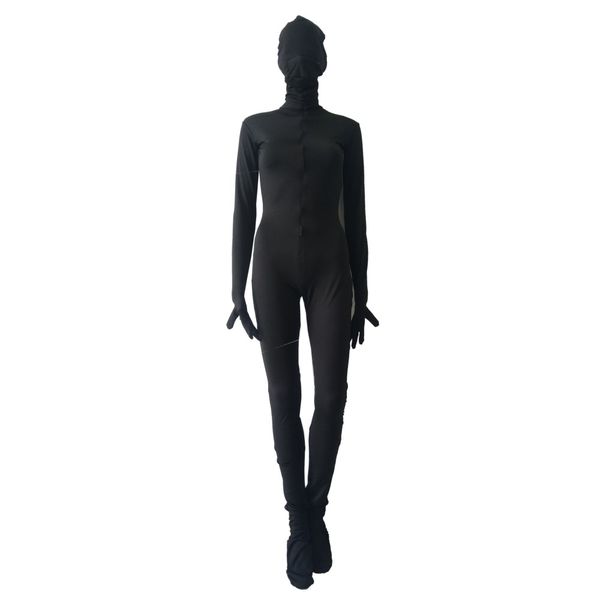 

halloween cosplay front 3-way zipper unitard catsuit spandex zentai bodysuit costume removable mask and with zippered mouth, Black