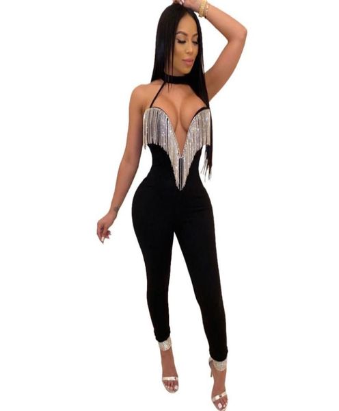 

club jumpsuits women fringe tassel bodycon bandage jumpsuit elegant romper pants skinny backless party festival jumpsuit7595302, Black;white