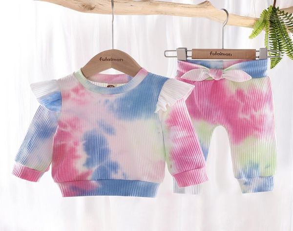 

baby girl clothes tie dye clothing set long sleeve bow pants 2 pcs fashion infants wear boutique clothing tie dye outfits2286102, White