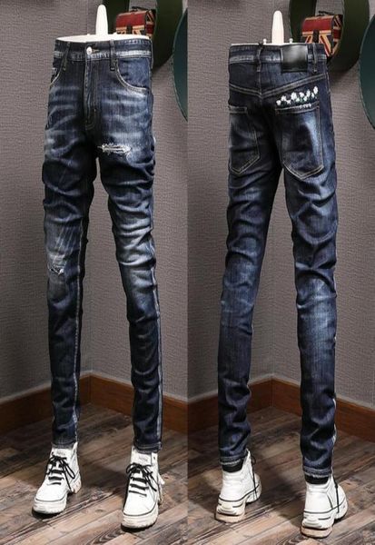 

new cool guy painted denim cotton jeans distressed faded cowboy trousers7337918, Blue