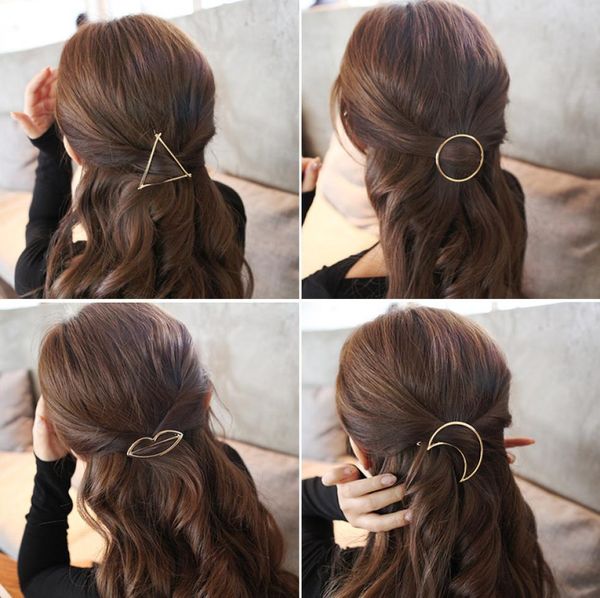 

new promotion trendy vintage circle lip moon triangle hair pin clip hairpin pretty womens girls gift metal wedding jewelry ps17494717267, Golden;silver