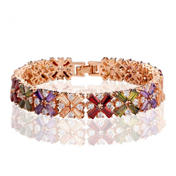 

10mm vintage fine multicolored baguette cubic zirconia tennis bracelet bling full cz stones female flower wedding bridal rose gold chain bra, Black