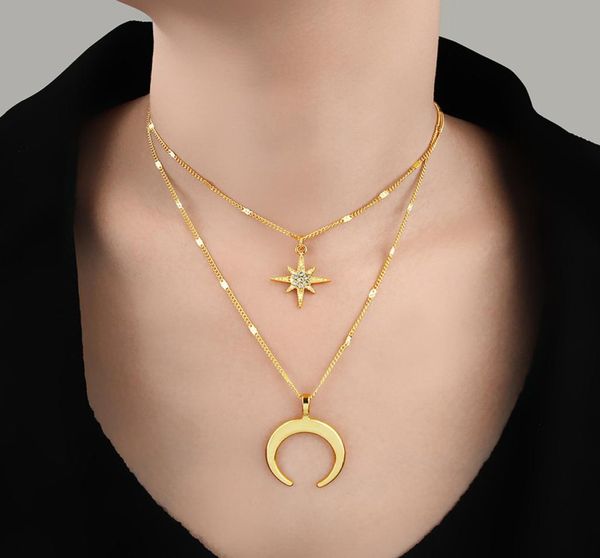 

gold double horn layered chain necklace crystal star crescent moon pendant choker necklace for women bohemia boho jewelry6142319, Silver