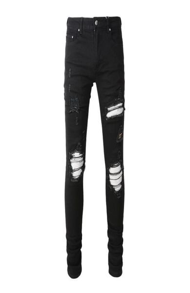 

men039s jeans high street ripped patch stretch slim black jeans3694121, Blue