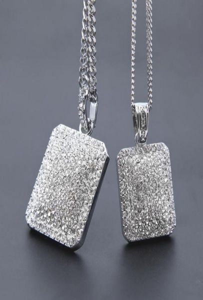 

mens full iced out cz gold silver plated square dog tag pendant cuban chain hip hop blingbling necklace3710957
