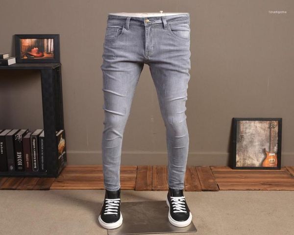

solid gray jeans men 2022 tapered pants stretch slim fit denim fashion scratched mens jean1566796, Blue