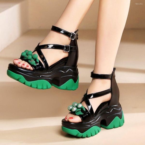 

sandals summer fashion slim super high heels wedges peep toe platform flowers narrow band genuine leather women modern rome, Black