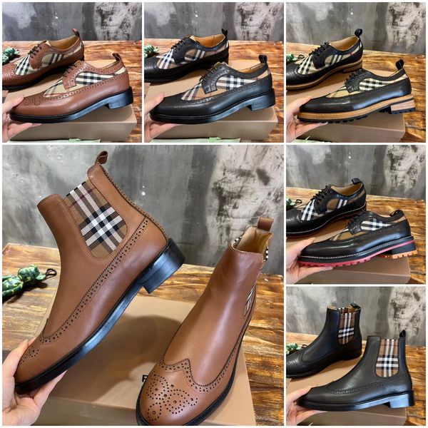 

new vintage check panel leather derby shoes men business leisure chelsea boots designer fashion high-quality shoes size 38-46, Black