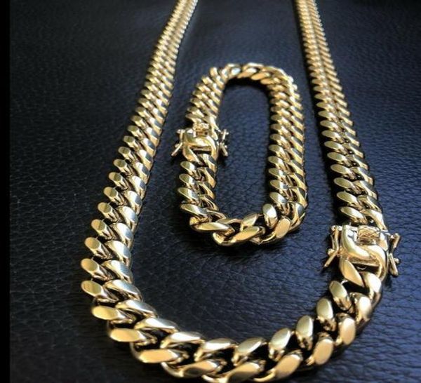 

10mm mens miami cuban link bracelet chain set 14k gold plated stainless steel9852118, Silver
