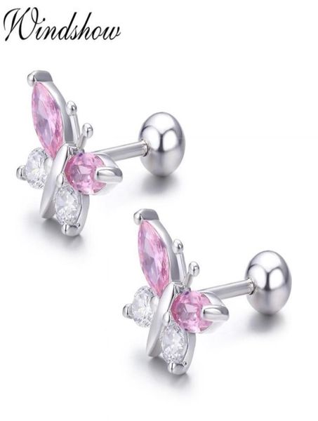 

cute 925 sterling silver butterfly pink cz screw back stud earrings for women child girls kids jewellery orecchini aros aretes 2111046707, Golden;silver