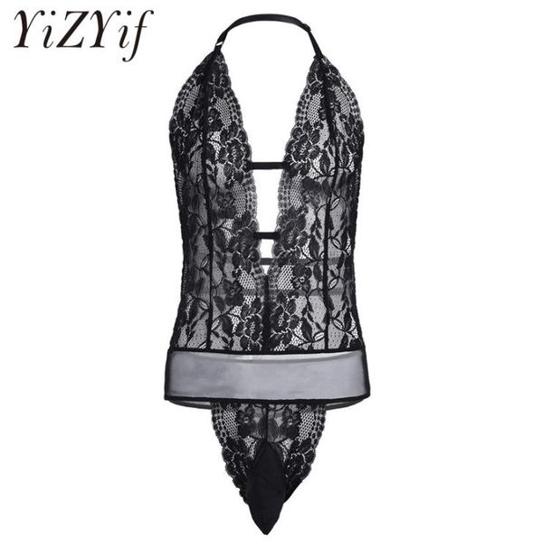 

yizyif mens lingerie one piece halter backless see through lace floral sissy pouch bodysuit jumpsuit nightwear sleepwear9298197, Black