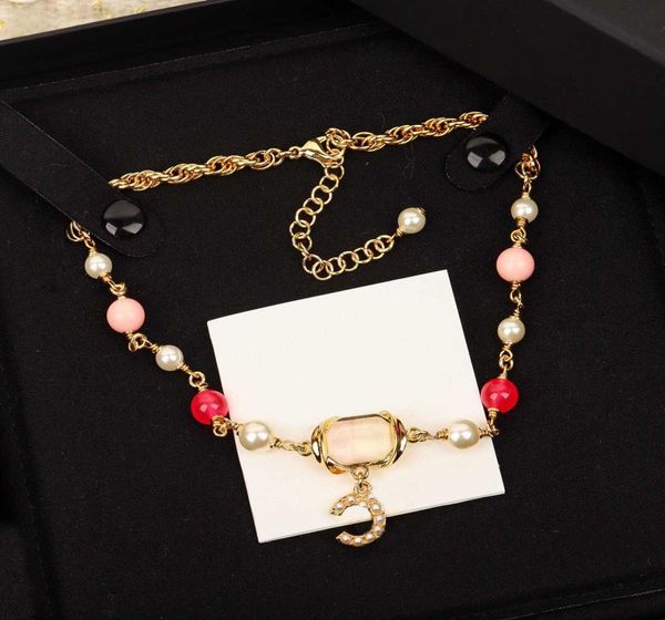 

luxury quality charm choker pendant necklace with pink and nature beads crystal have box stamp ps44372885327, Golden