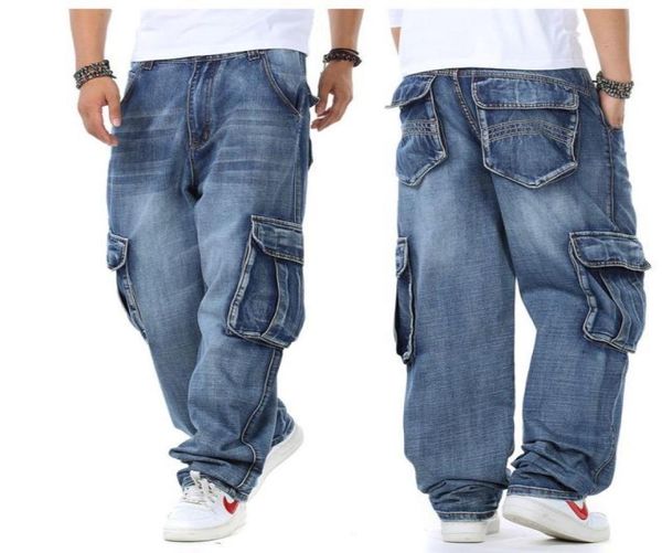 

men039s baggy hip hop jeans multi pockets skateboard cargo for men tactical denim joggers pants plus size 449207369, Blue