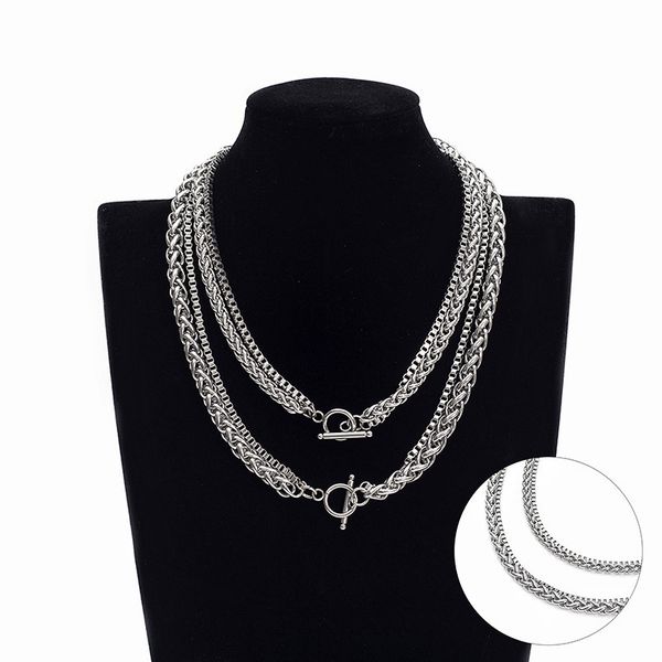 

set of multilayer chain double-layer necklace stainless steel 2.4mm 50cm box+5mm 60cm braid chain jewelry for mens women silver