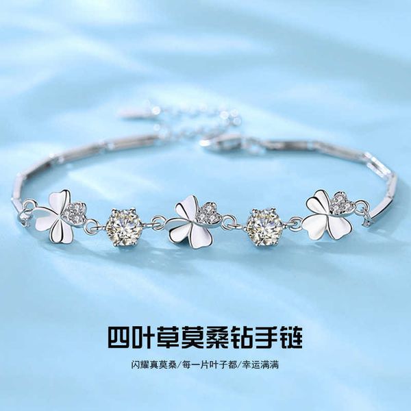 

s925 sterling silver four-leaf clover moissanite diamond set bracelet female crystal hand matching korean version of mosang stone jewelry, Golden;silver