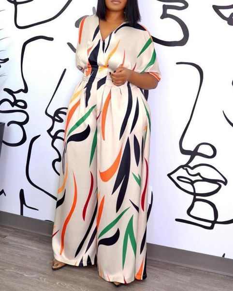 

swimwear women's jumpsuit 2023 spring fashion abstract print casual vneck short sleeve wide leg daily long jumpsuit y2k streetwear, White;black