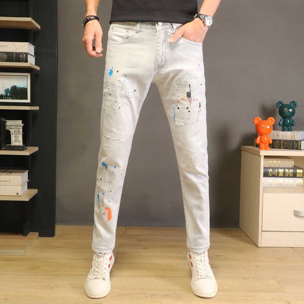 

summer grey white perforated jeans men's thin fit small feet paint dot decoration high street fashion brand washed men's pants, White;black