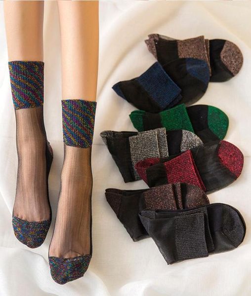 

socks hosiery summer women korean patchwork colors crystal glitter silk thin lady transparent mesh shiny elastic 84018557, Black;white