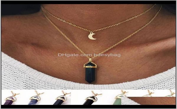 

pendant necklaces jewelry natural stones moon pendants necklace double layer gold link chains women crystal quartz hexag7108863, Silver