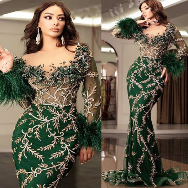 

2023 aso ebi dark green mermaid prom dress lace beaded feather evening formal party second reception birthday engagement gowns dresses robe, Black