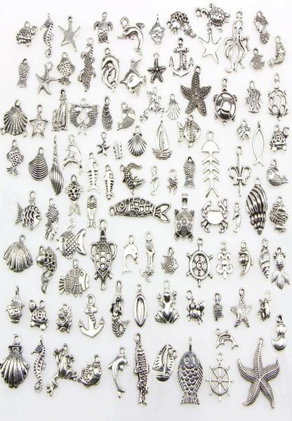 

mixed 100 designs sea turtle frog mermaid crab crocodile ocs fish bone nautical theme charms pendants for diy necklace bang2376386, Black