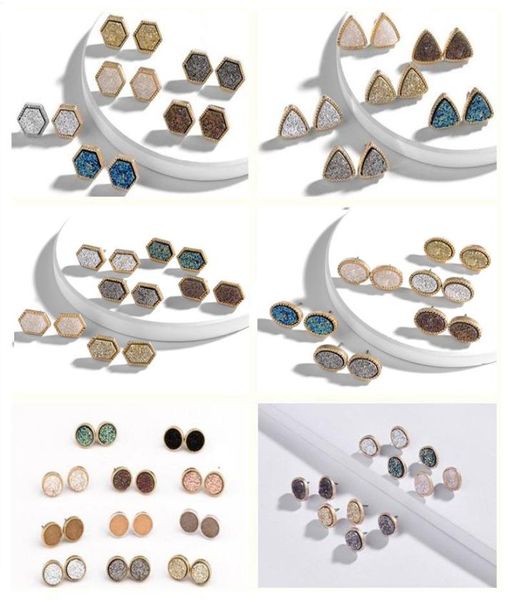 

druzy drusy earrings gold plated hexagon round geometry stone stud earrings christmas gift2638977, Golden;silver