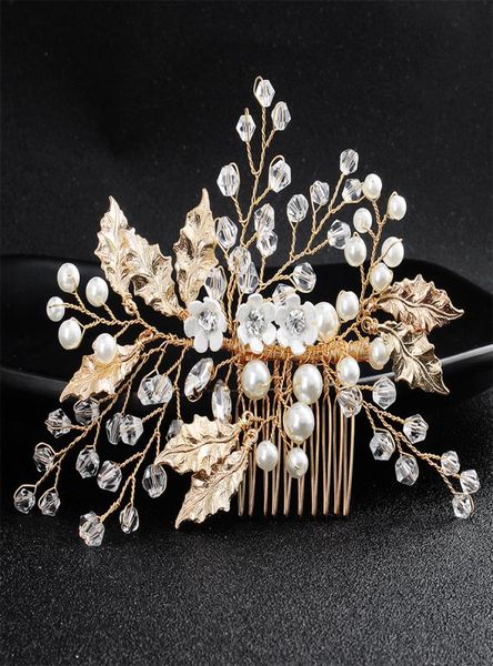 

gold color women hairpieces wedding hair combs handmade crystal pearls bridal hair jewelry accessories jch1687151162, Golden;white