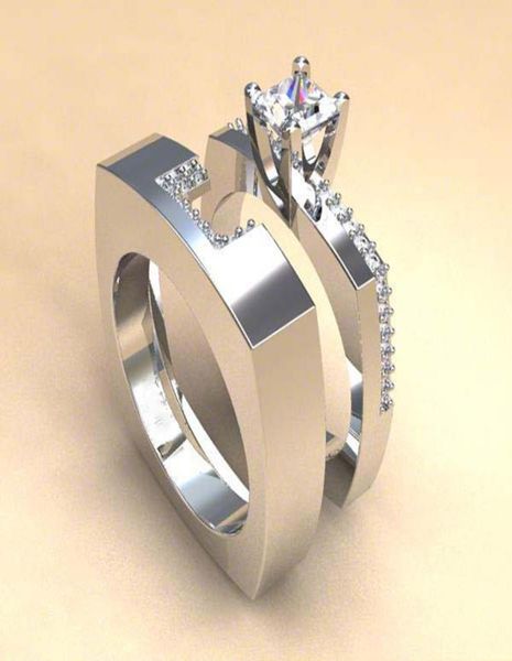 

2019 women engagement ring alliance paired set square princess wedding rings zircon micro paved silver color ddr0753977337, Golden;silver