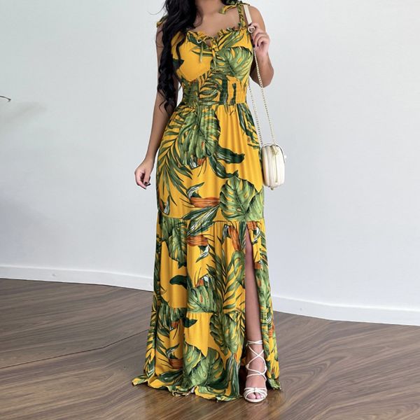 

urban dresses 2023 summer oneck print dress italian noodle strap beach dres's sleeveless lace up high waist split 230711, White;black