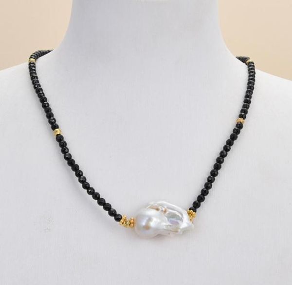 

guaiguai jewelry natural 4mm faceted black onyx white keshi pearl necklace for women real gems stone lady fashion jewellery9131142, Silver