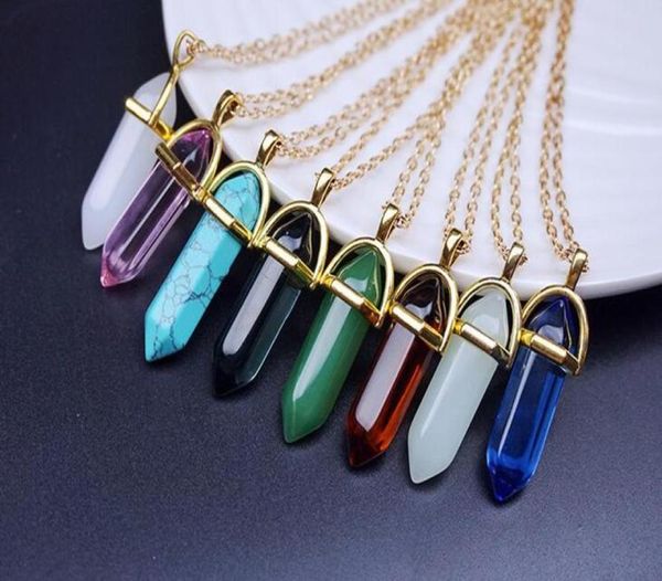 

agate crystal hexagonal pillar fashion necklace pendant natural stone gsfn063 with chain mix order7270508, Silver