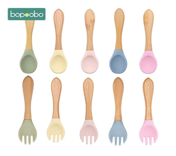 

bopoobo 2pcs baby bamboo fork silicone wooden baby feeding spoon toddlers infant feeding accessories organic bpa grade1653418