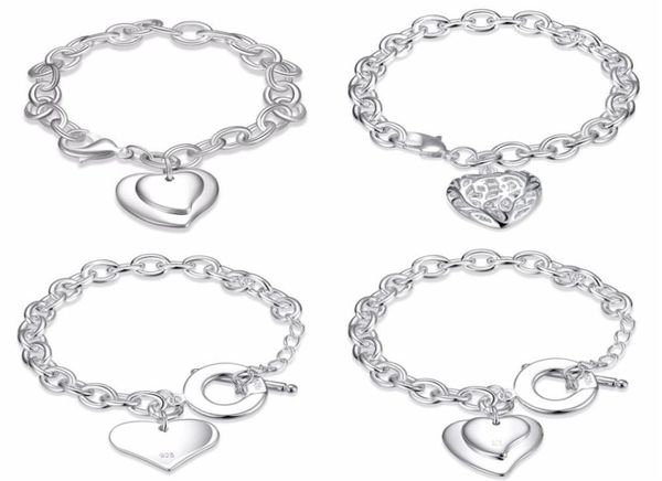 

whole mixed order 925 sterling silver plated heart pendant charm bracelet bangles fashion party jewelry valentine039s day7053515, Golden;silver