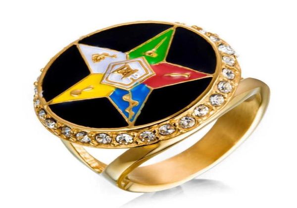 

gold 316 stainless steel religious oes eastern star ladies rings masonic ring items for women with crystal stones50728538217180, Golden;silver